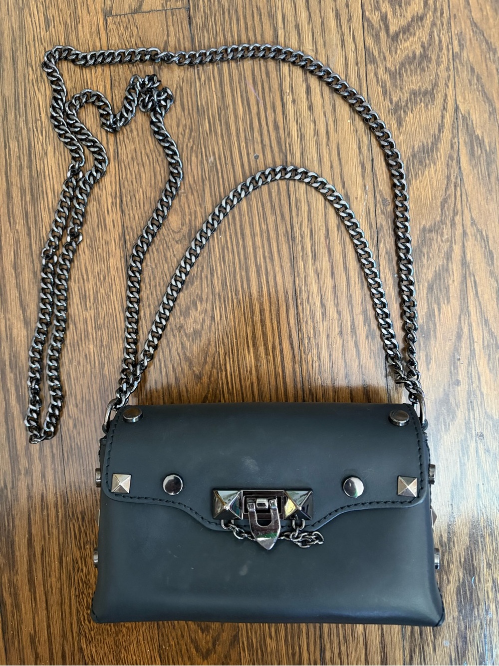 Black Italian Leather Chain Shoulder Bag with Stud Accents rock and roll